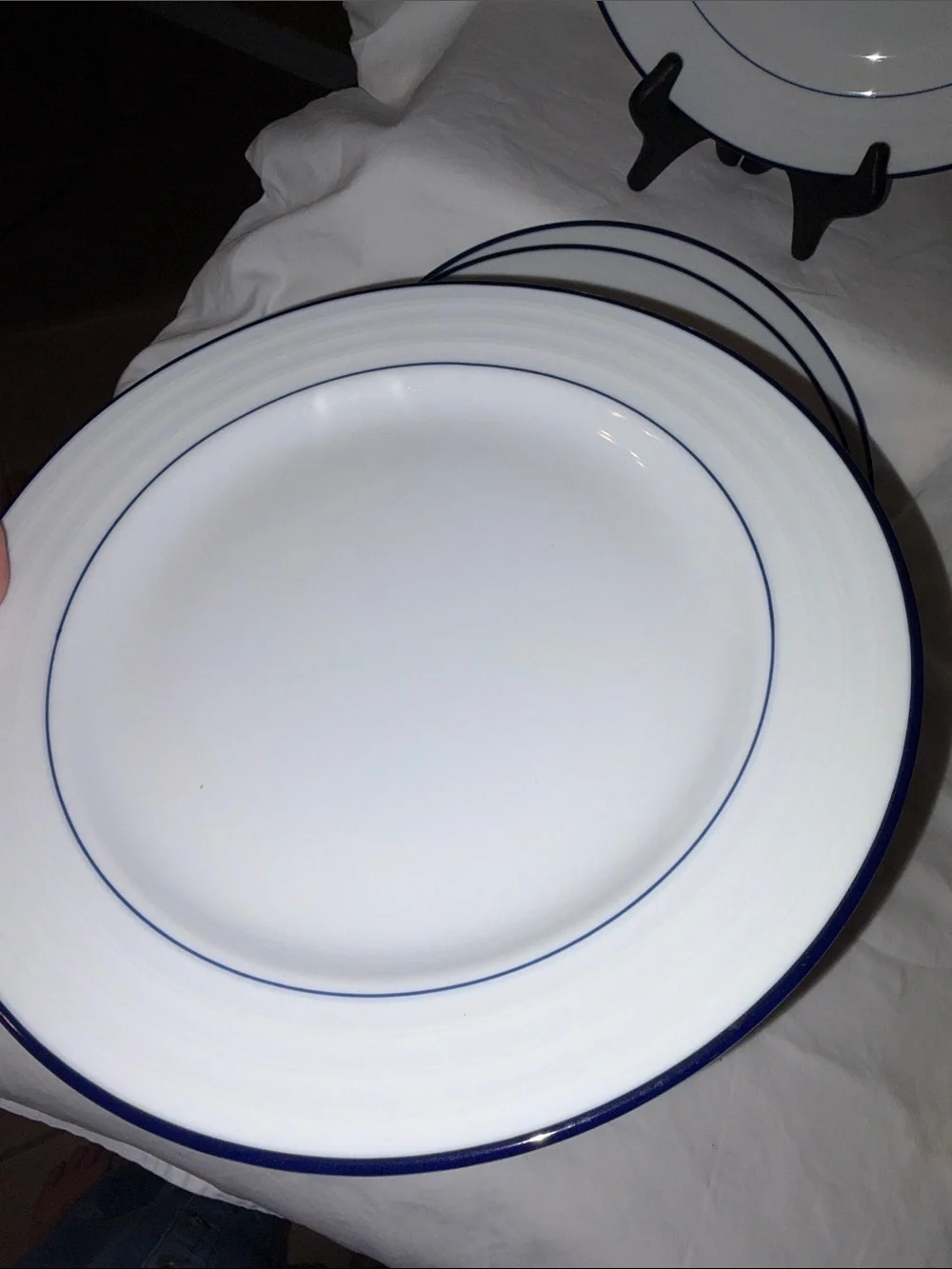 Set of 4 Crate & Barrel roulette Dinner Plates Blue Band